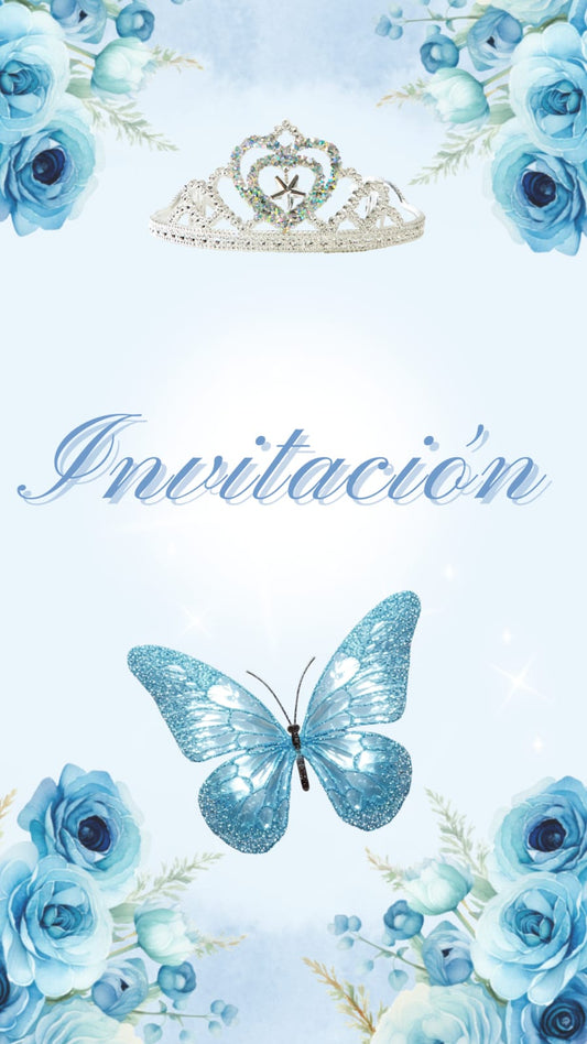 👑✨ Invitacion Digital para 15 Años – Azul Celeste con Mariposas y Coronas 🦋