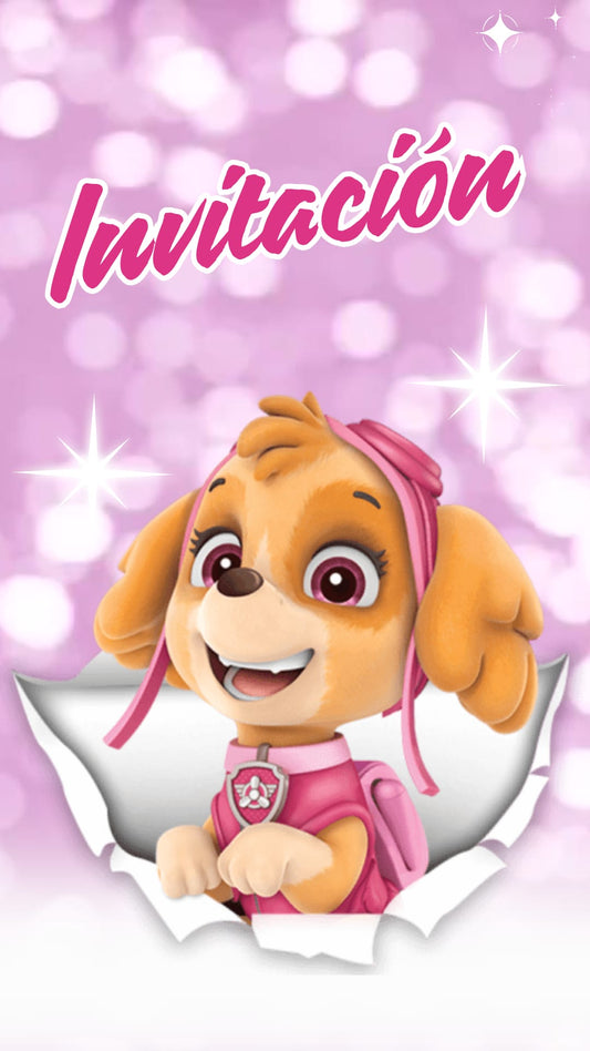 Invitación digital animada de Skye Paw Patrol para cumpleaños infantiles, diseño en tonos rosados con personaje animado, ideal para compartir por WhatsApp