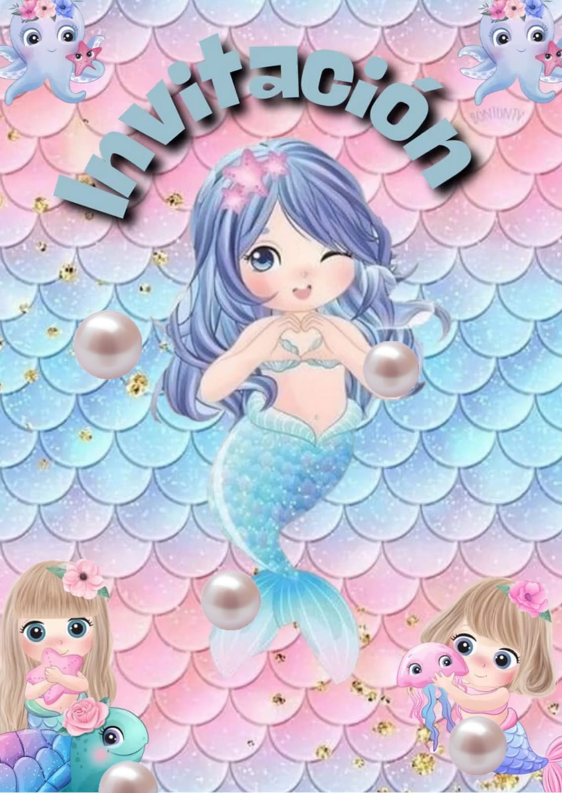 Tarjeta de invitación Temática Sirena (sirenita colores pasteles)