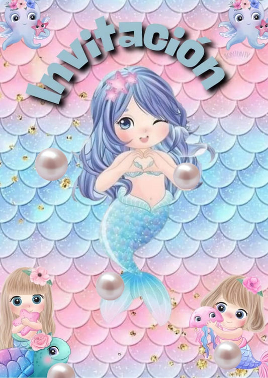 Tarjeta de invitación Temática Sirena (sirenita colores pasteles)