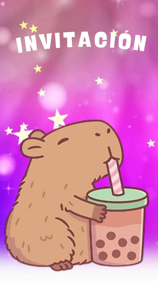 Invitación digital animada de capibara con bubble tea para cumpleaños infantiles