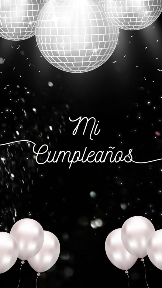 Invitación digital animada de cumpleaños adulto con temática elegante, globos y bolas de discoteca