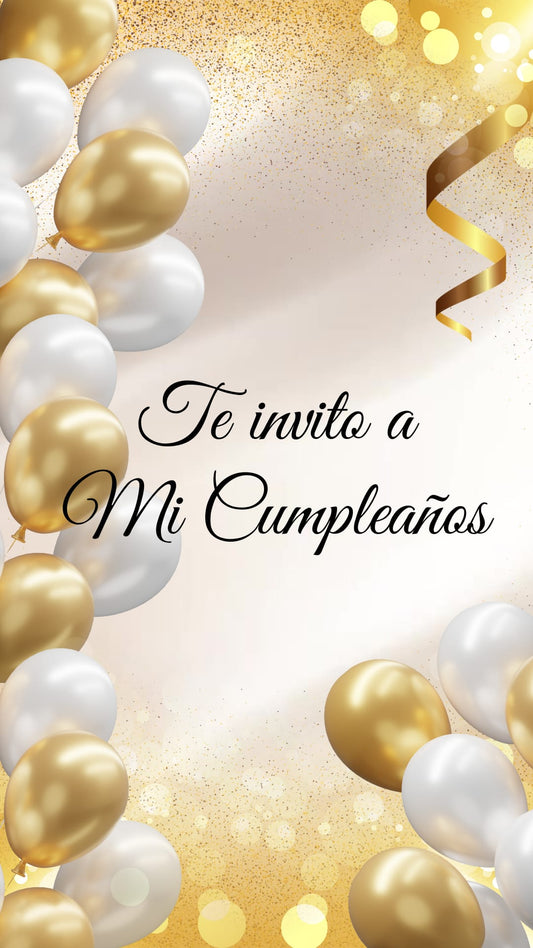 Invitación digital animada de cumpleaños adulto elegante en dorado y blanco con globos y cintas