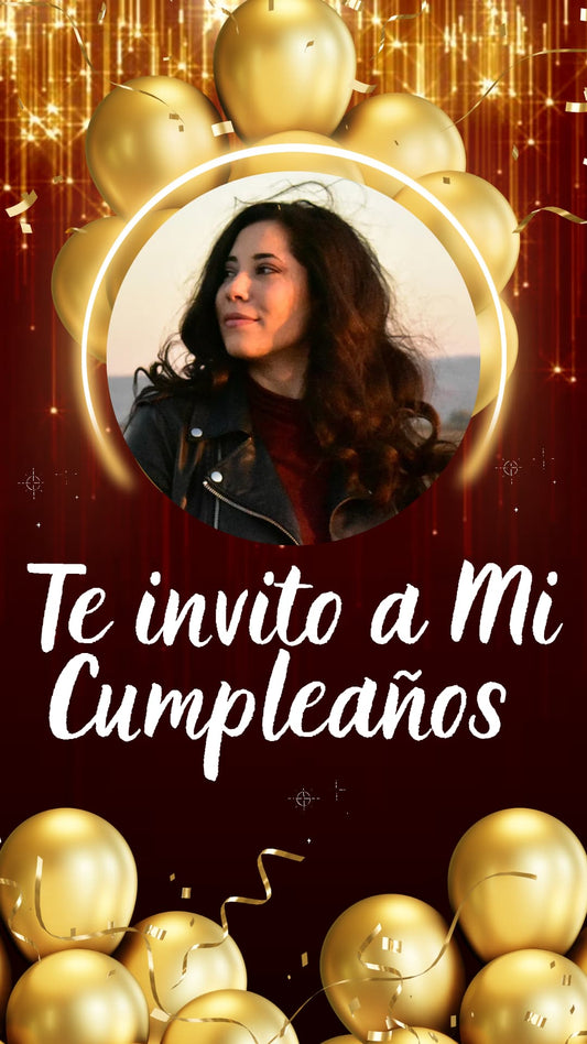 Invitación digital animada con globos dorados, perfecta para cumpleaños de adultos.