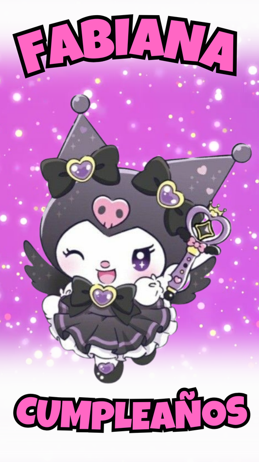 Invitación digital animada de cumpleaños infantil temática Kuromi personalizada en color rosa y negro