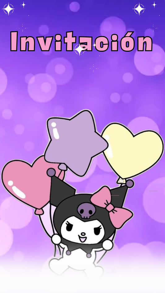 Invitación digital animada de cumpleaños infantil temática Kuromi con globos y fondo morado