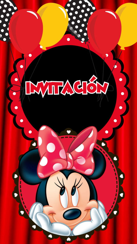 Invitación digital de Minnie Mouse roja para cumpleaños infantil, diseño alegre y colorido.