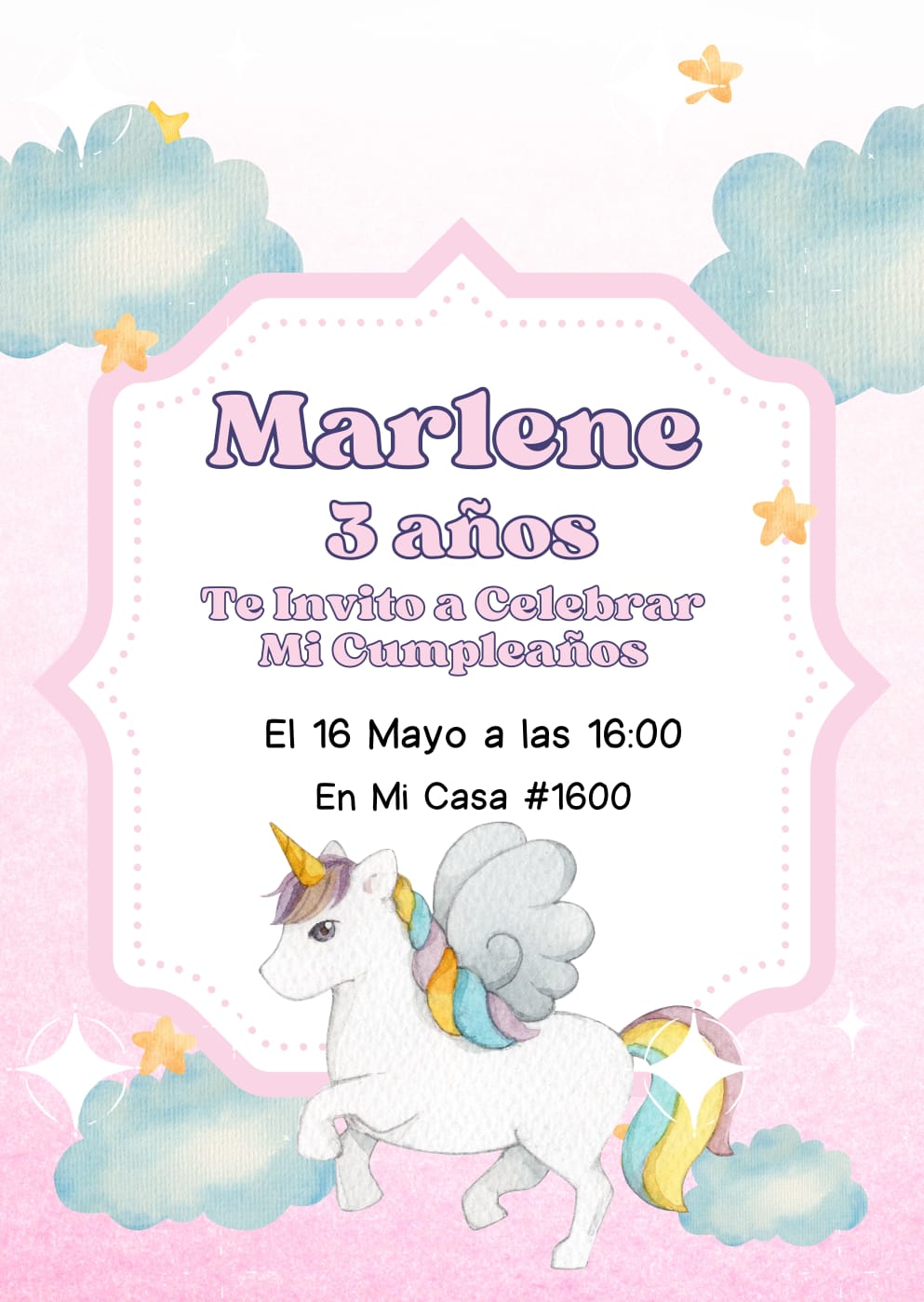 Tarjeta de invitación temática Unicornio sencilla