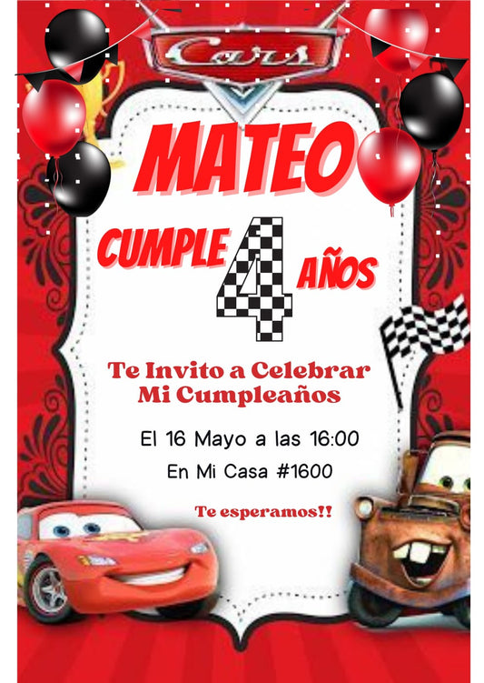 Tarjeta de invitacion Cars (Sencilla)