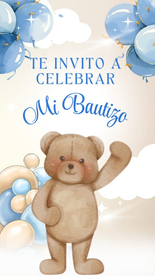 Invitación digital de bautizo con osito y globos azules, diseño tierno y elegante.
